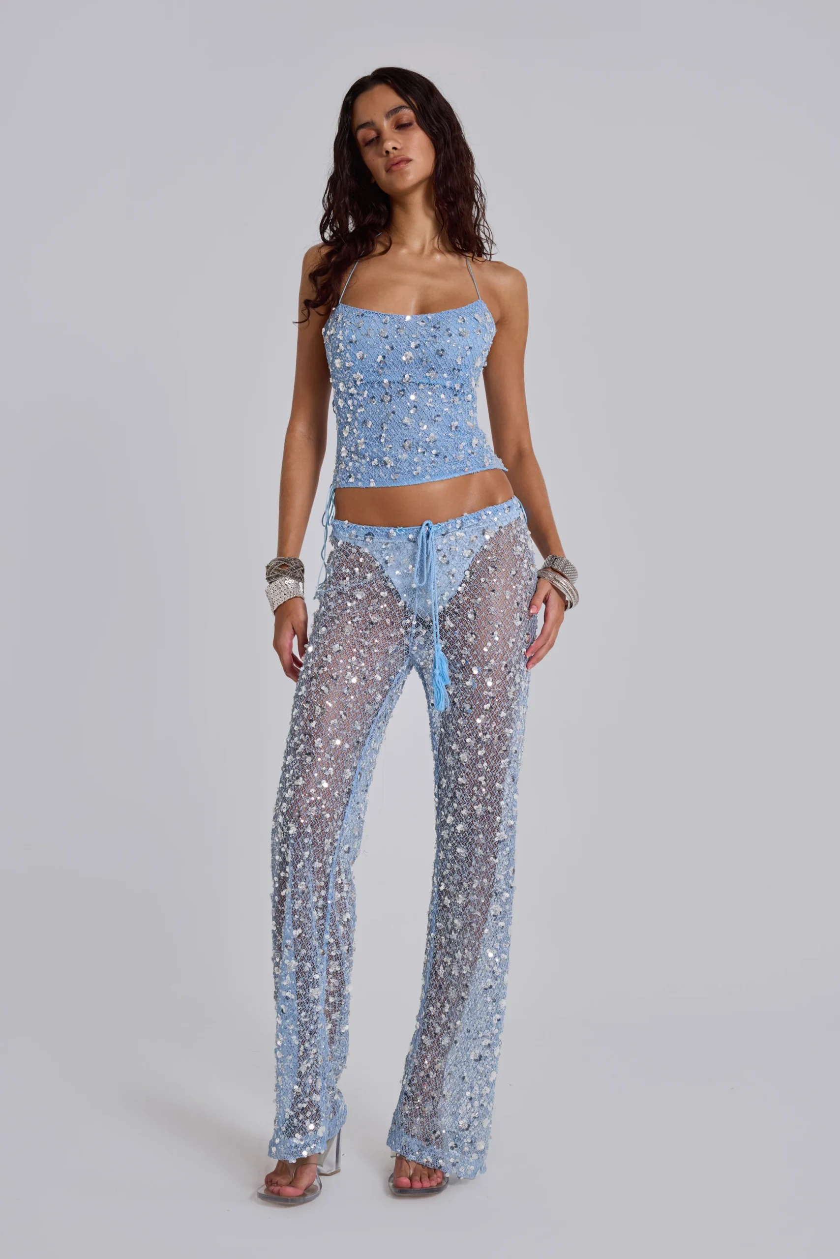 Deva Sequin Knit Trousers in Sky