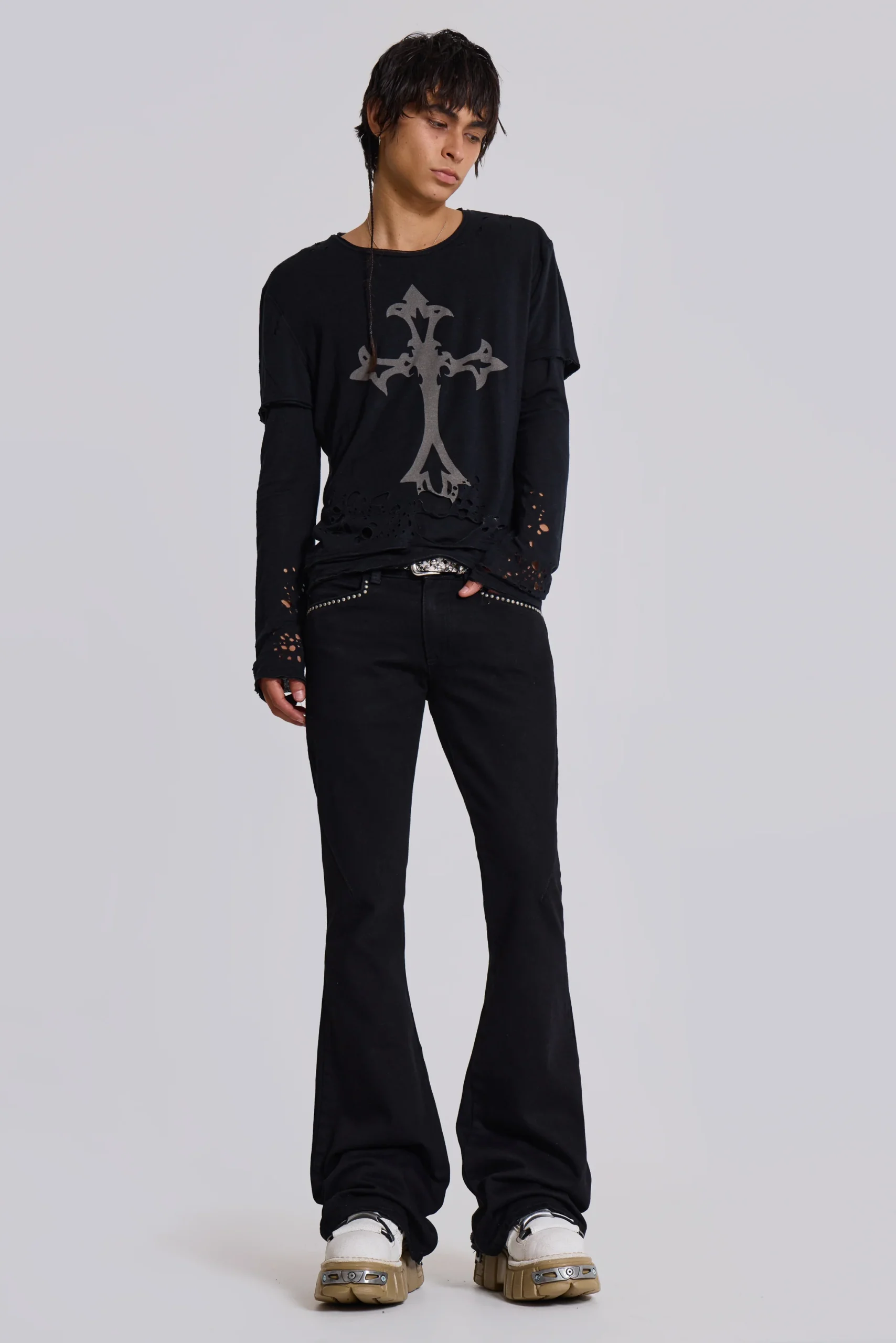 Jet Black Studded Drift Bootcut Jeans