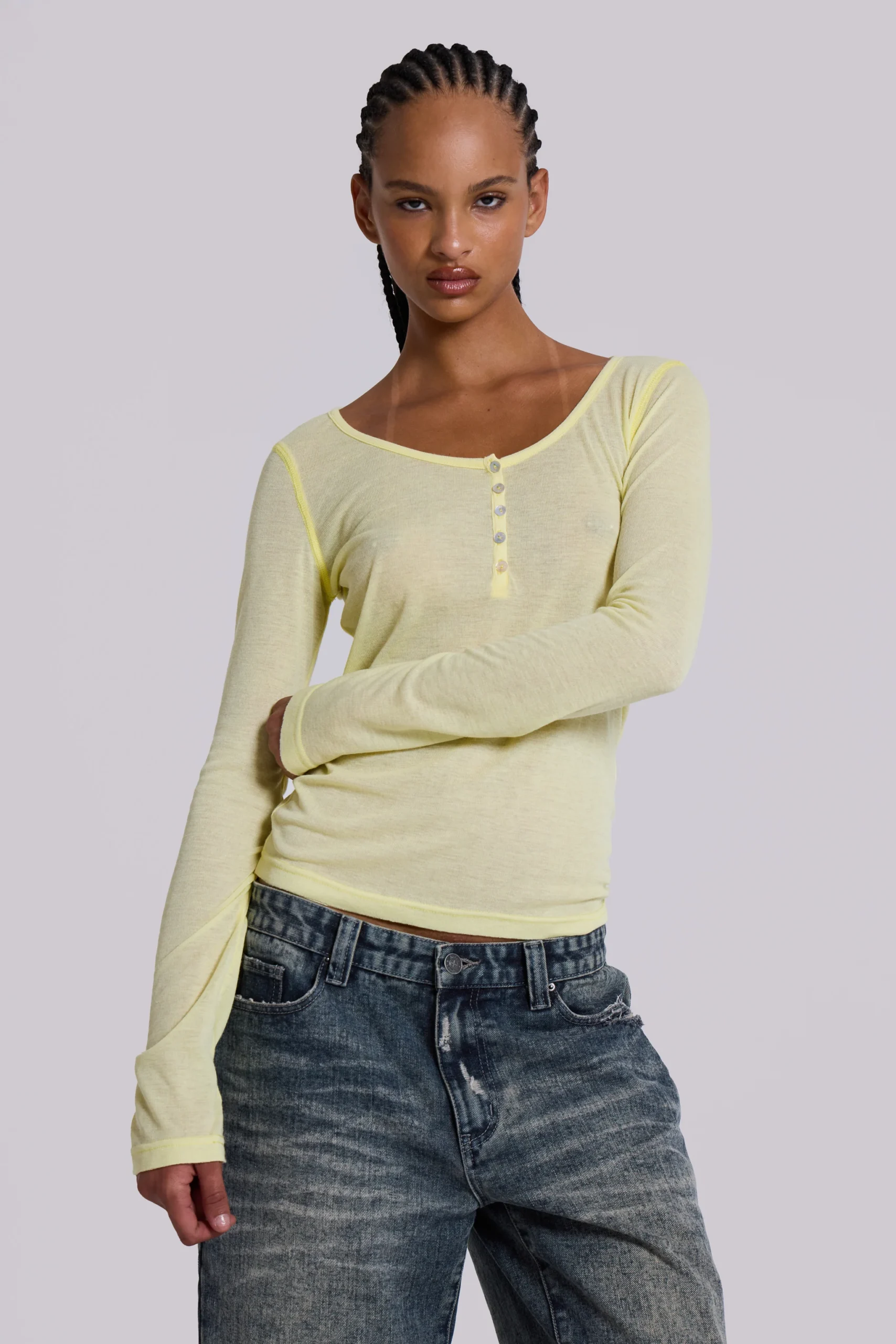 1041-sheer-henley-top-in-buttercup-6.webp Sheer Henley Top in Buttercup