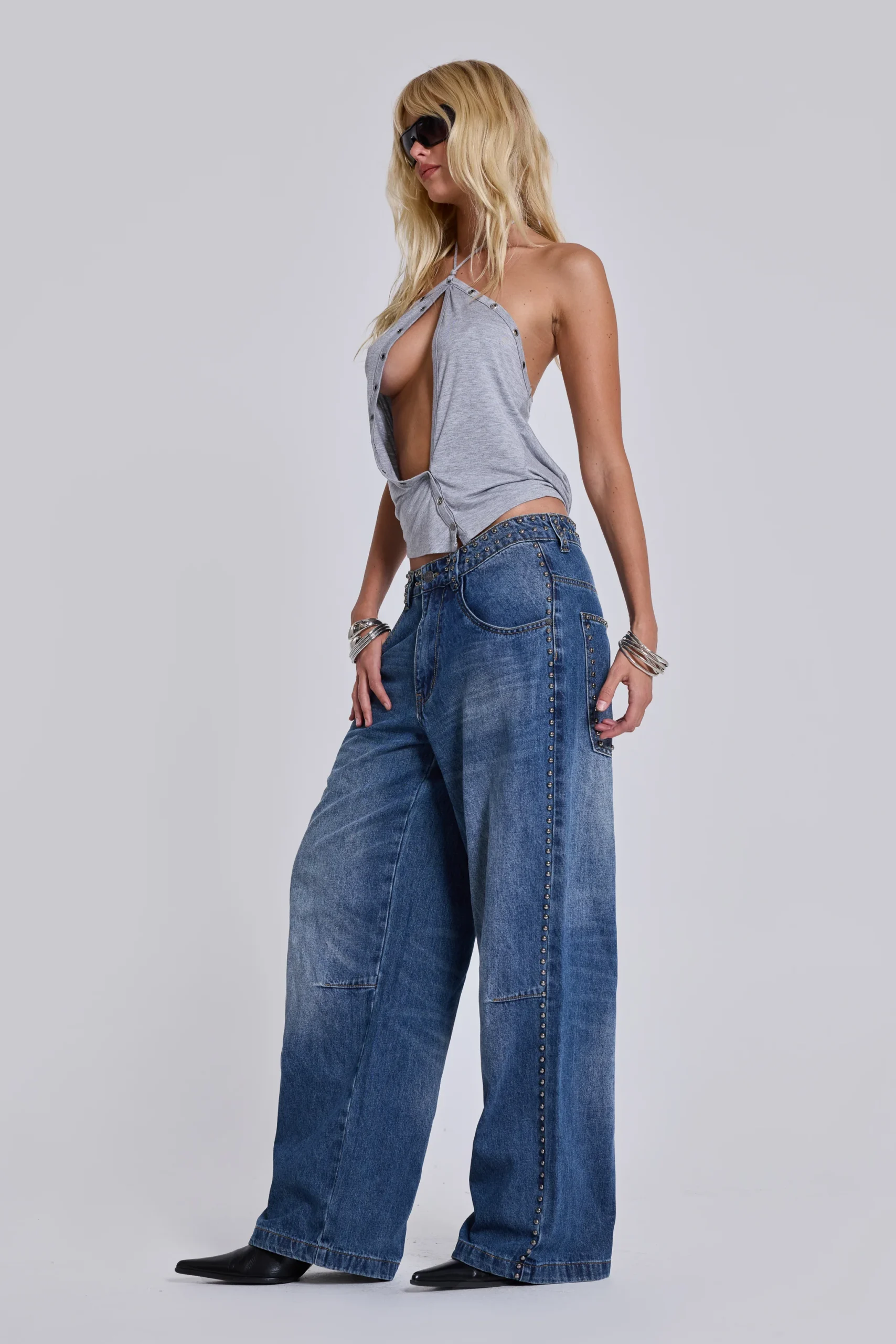 Nailed Studded Colossus Jeans in Mid Blue Wash