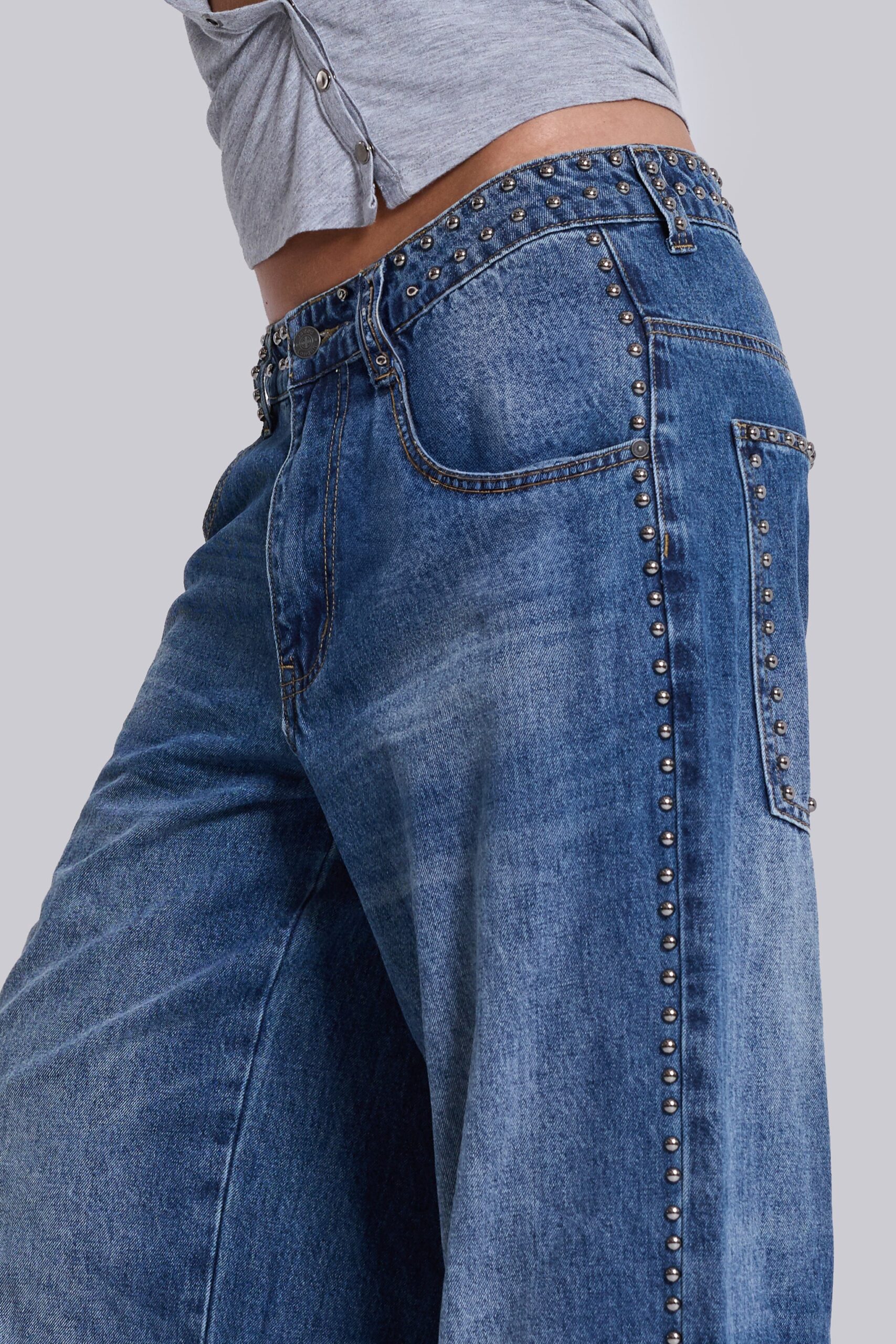Nailed Studded Colossus Jeans in Mid Blue Wash