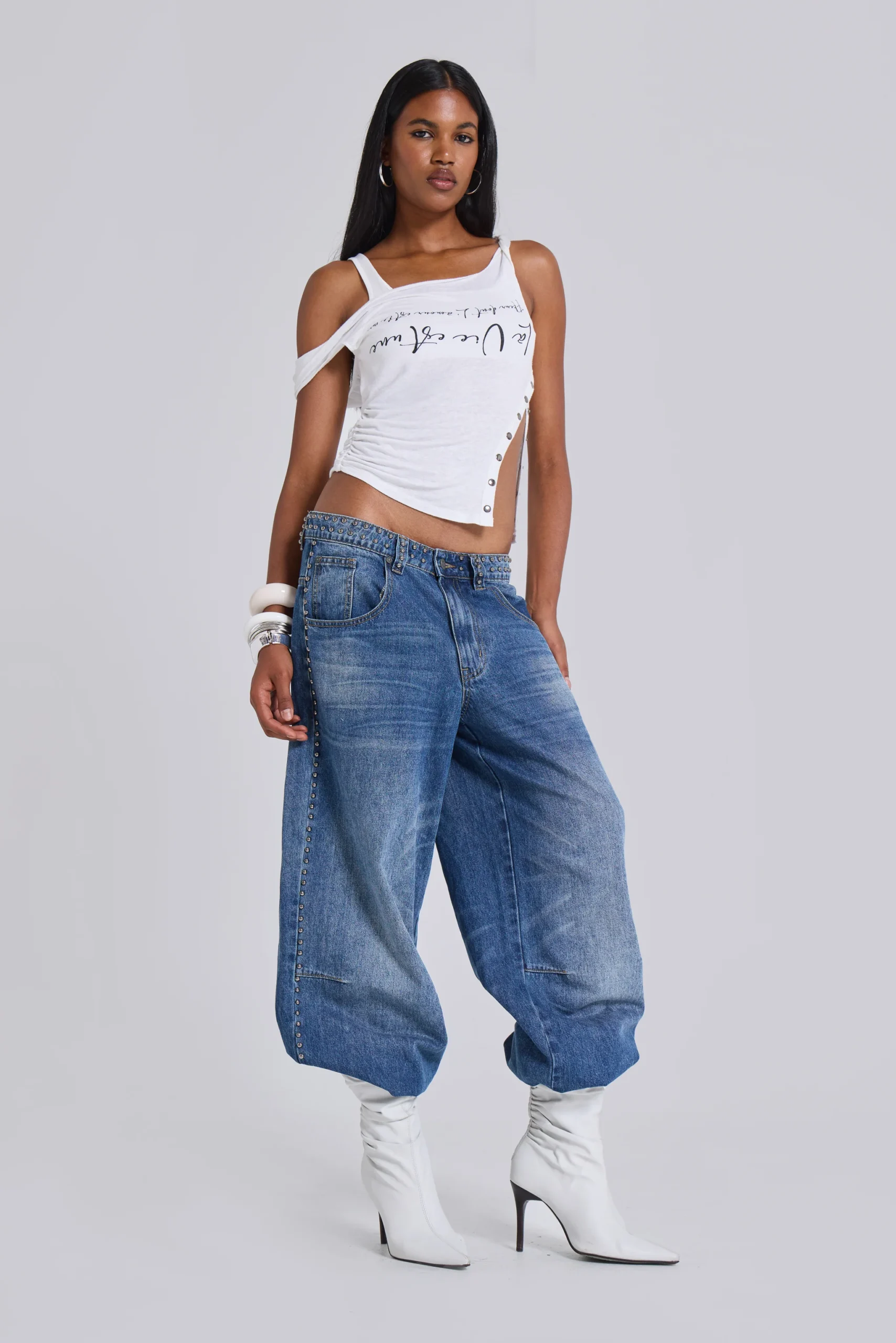 Nailed Studded Colossus Jeans in Mid Blue Wash