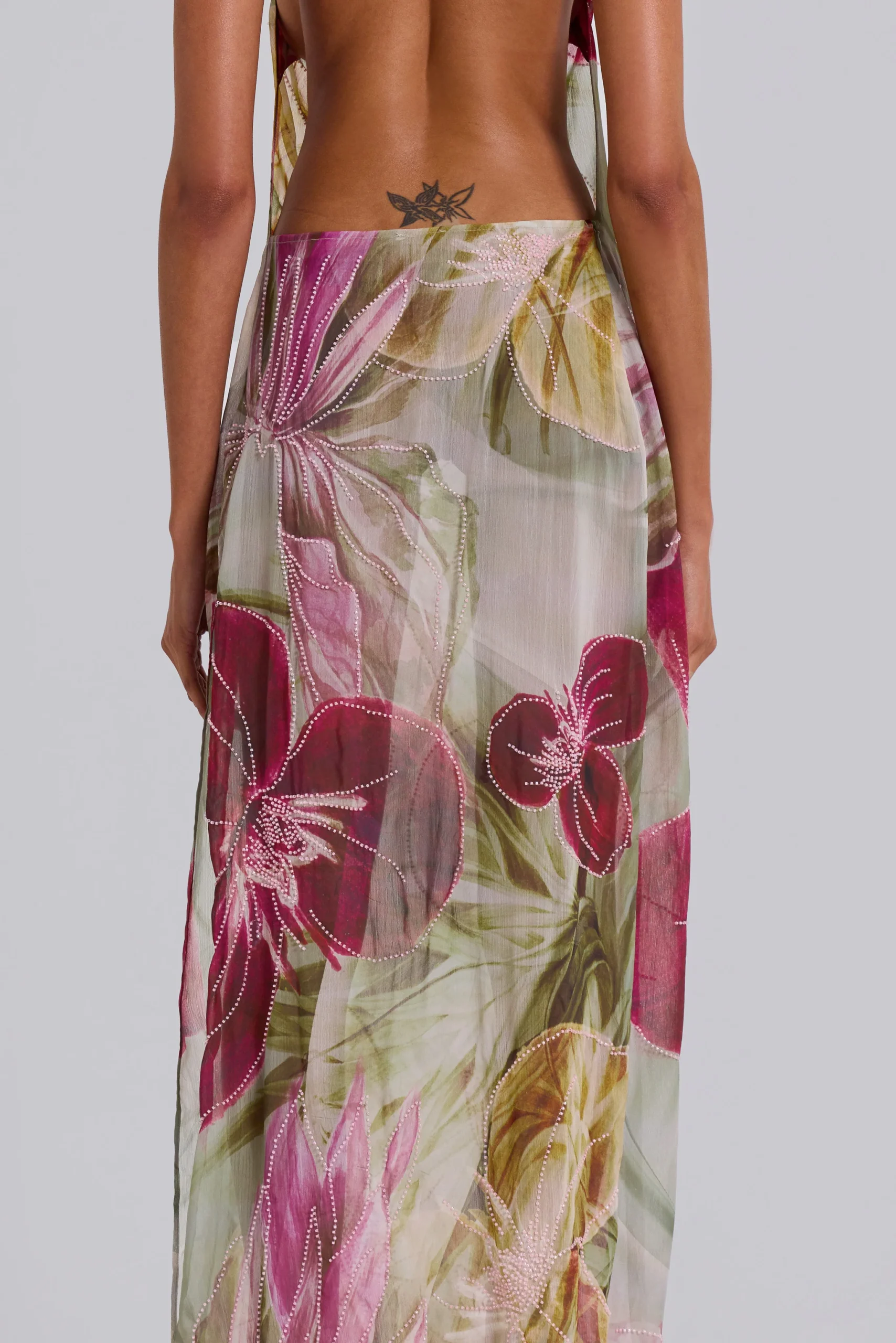 Dahlia Hand-Beaded Backless Chiffon Maxi Dress in Rosa