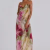 Dahlia Hand-Beaded Backless Chiffon Maxi Dress in Rosa