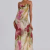 Dahlia Hand-Beaded Backless Chiffon Maxi Dress in Rosa