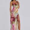 Dahlia Hand-Beaded Backless Chiffon Maxi Dress in Rosa