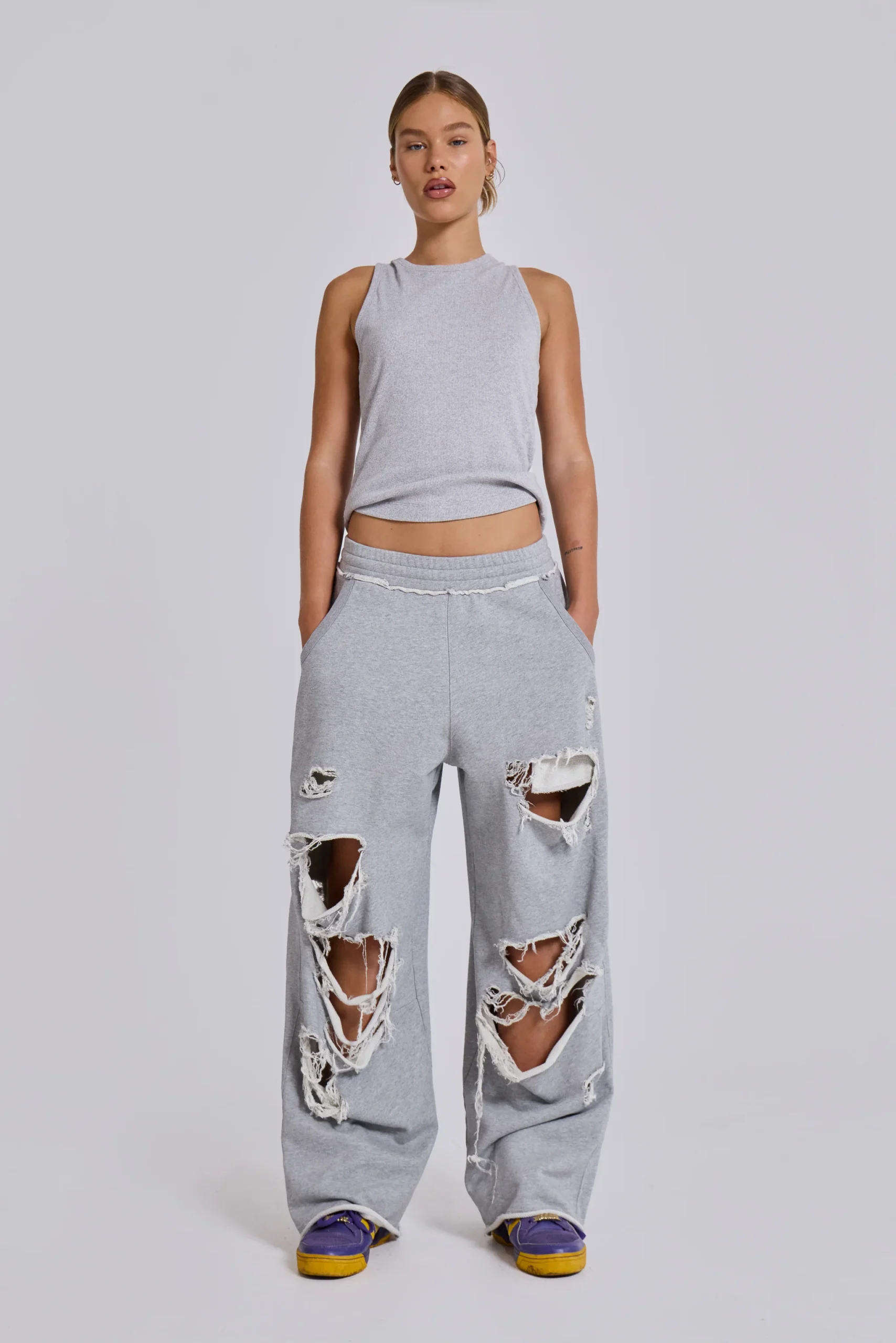 Distressed Grey Marl Baggy Monster Joggers