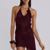 Alira Knit Flower Halter Plunge Mini Dress