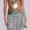 Vida Backless Maxi Dress With Shell Trim in Marine