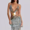Vida Backless Maxi Dress With Shell Trim in Marine