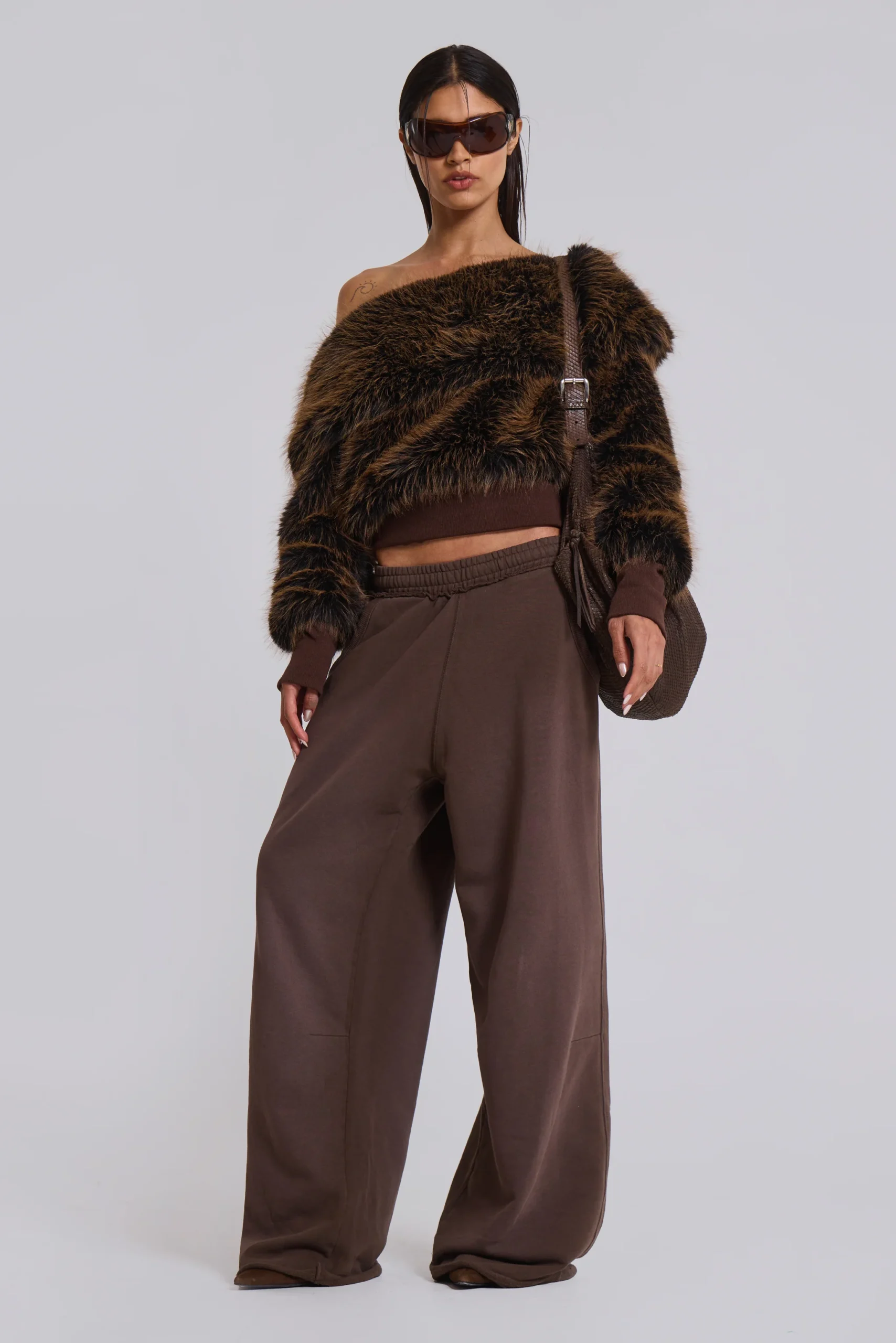 316 Off The Shoulder Fur Jumper in Brown