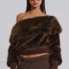 316 Off The Shoulder Fur Jumper in Brown