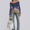 Tribeca Blue Ribbed Off The Shoulder Knit