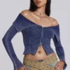 Tribeca Blue Ribbed Off The Shoulder Knit