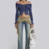 Tribeca Blue Ribbed Off The Shoulder Knit
