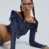 Tribeca Blue Ribbed Off The Shoulder Knit