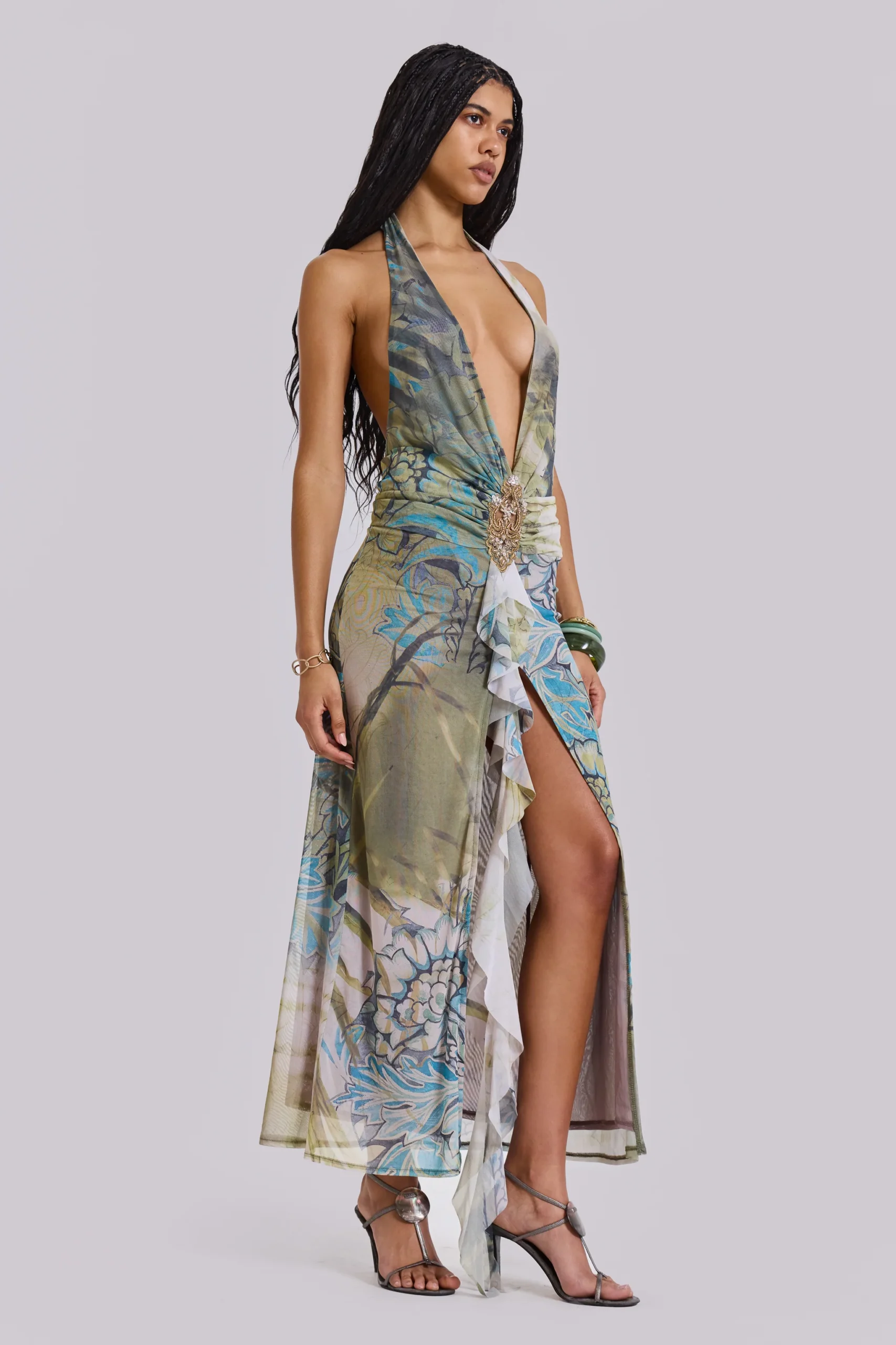 Cindy Plunge Maxi Dress In Green