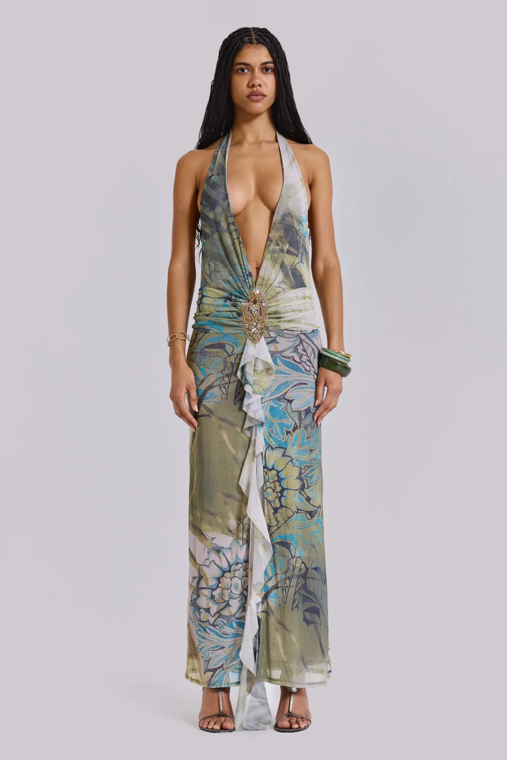 Cindy Plunge Maxi Dress In Green