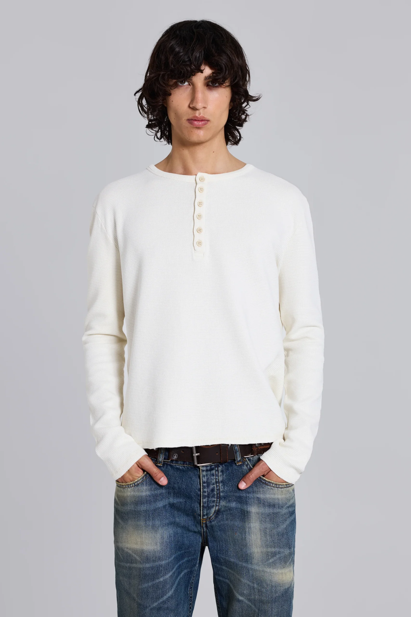 Ecru Waffle Henley Top