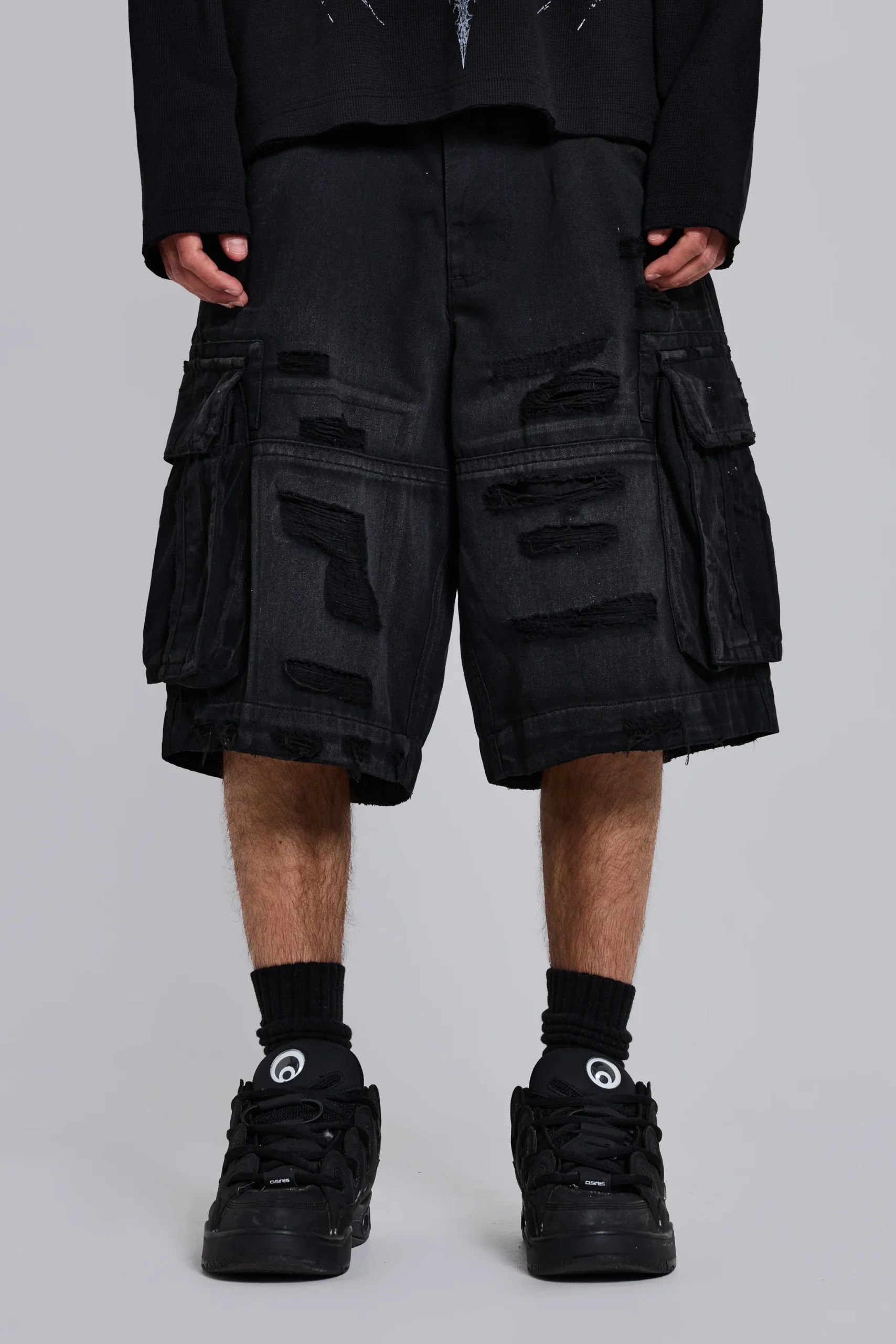Black Distressed Beach Cargo Shorts