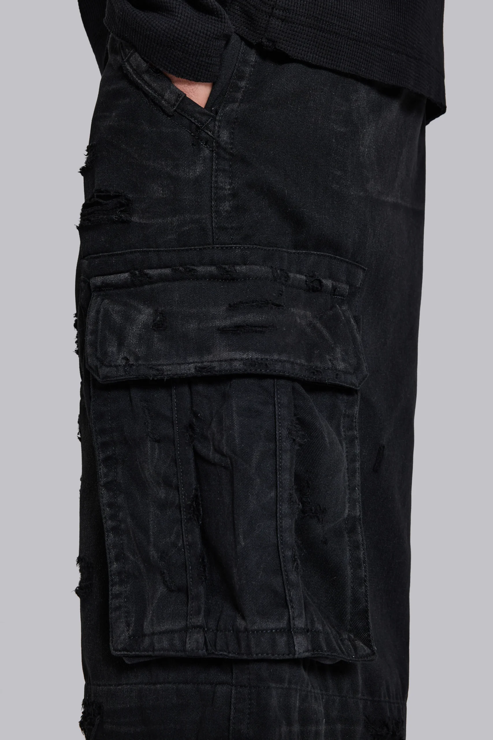 Black Distressed Beach Cargo Shorts