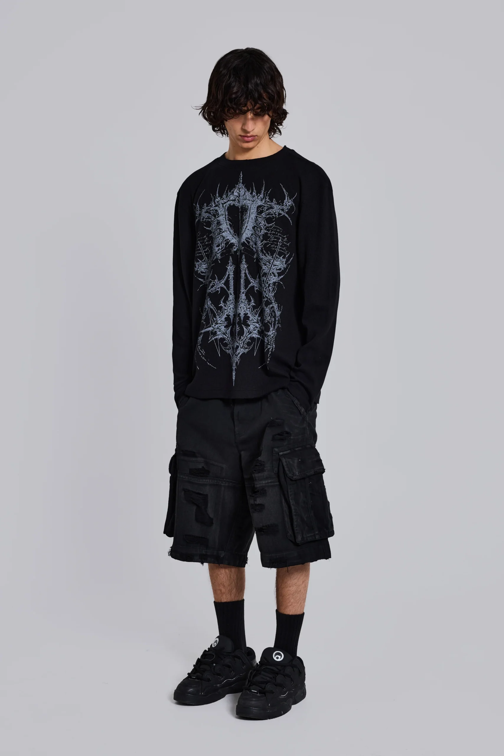 Black Distressed Beach Cargo Shorts
