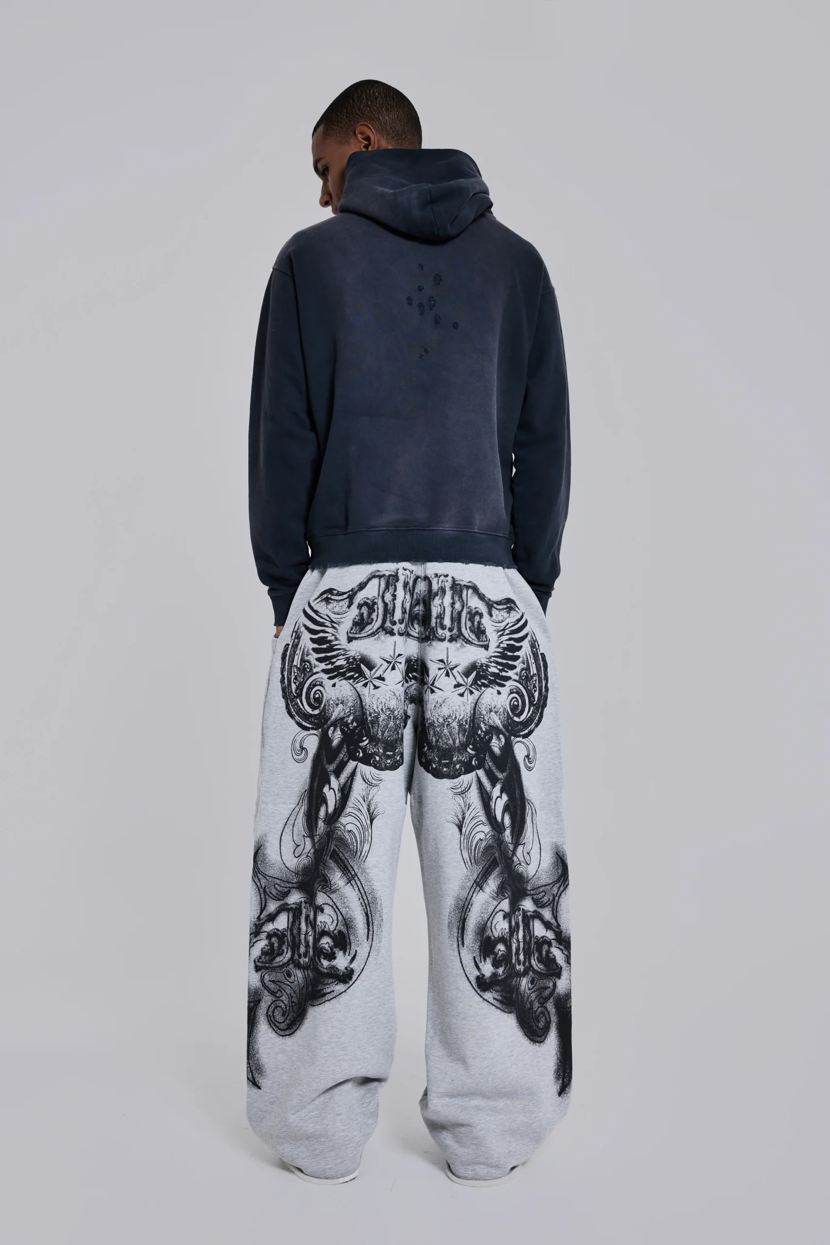 Grey Marl Gothic Print Baggy Monster Joggers