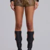Vaca Whipstitch Faux Leather Mini Shorts in Brown