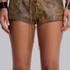 Vaca Whipstitch Faux Leather Mini Shorts in Brown