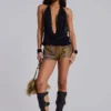 Vaca Whipstitch Faux Leather Mini Shorts in Brown