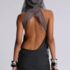 Lurien Backless Hooded Chiffon Knit Top