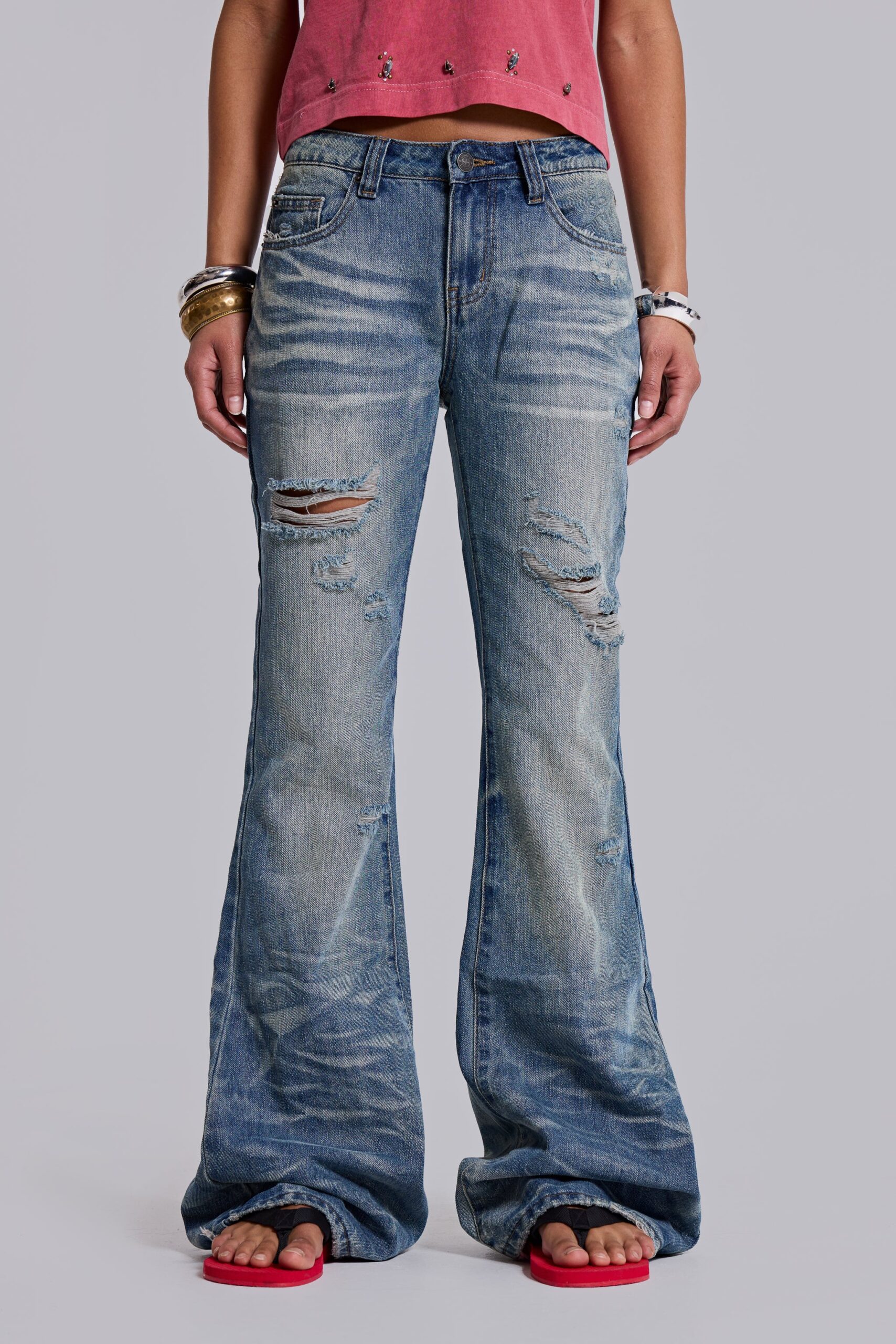 3266-mid-blue-distressed-creased-drift-flared-jeans-2.jpg Mid Blue Distressed Creased Drift Flared Jeans