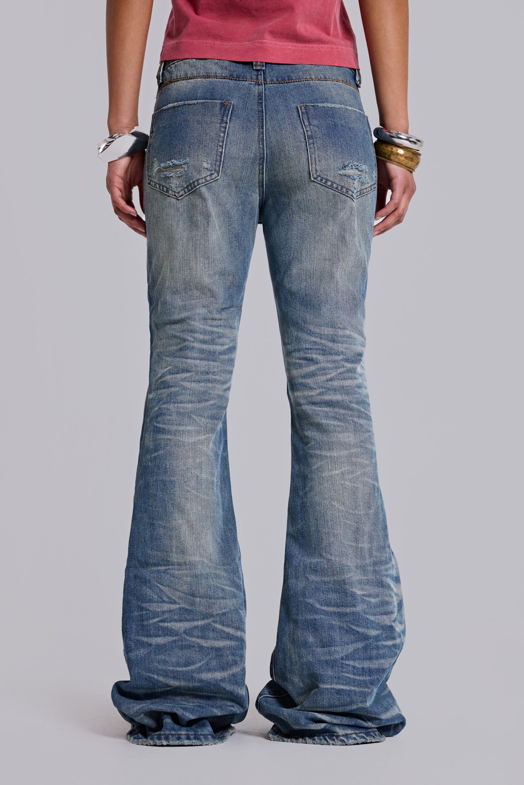 3266-mid-blue-distressed-creased-drift-flared-jeans-4.jpg Mid Blue Distressed Creased Drift Flared Jeans