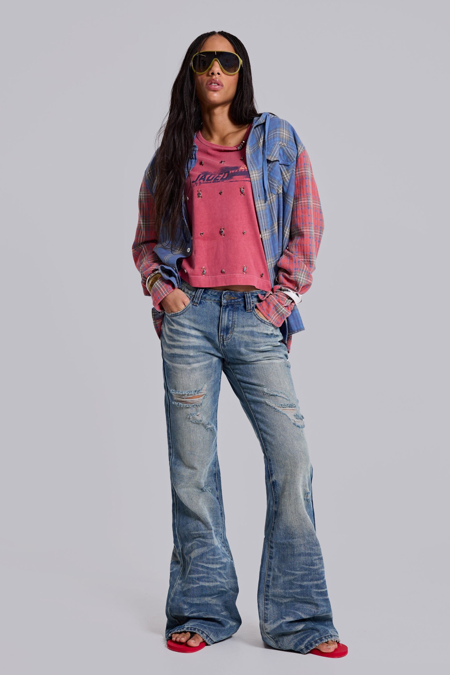 3266-mid-blue-distressed-creased-drift-flared-jeans-5.jpg Mid Blue Distressed Creased Drift Flared Jeans