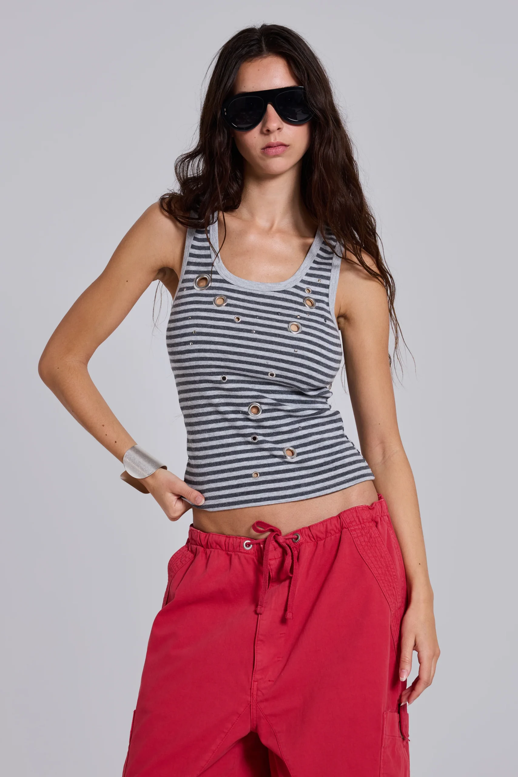 Eye Contact Vest Top With Eyelets in Stripe