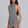 Misty Stripe Button Backless Mini Dress