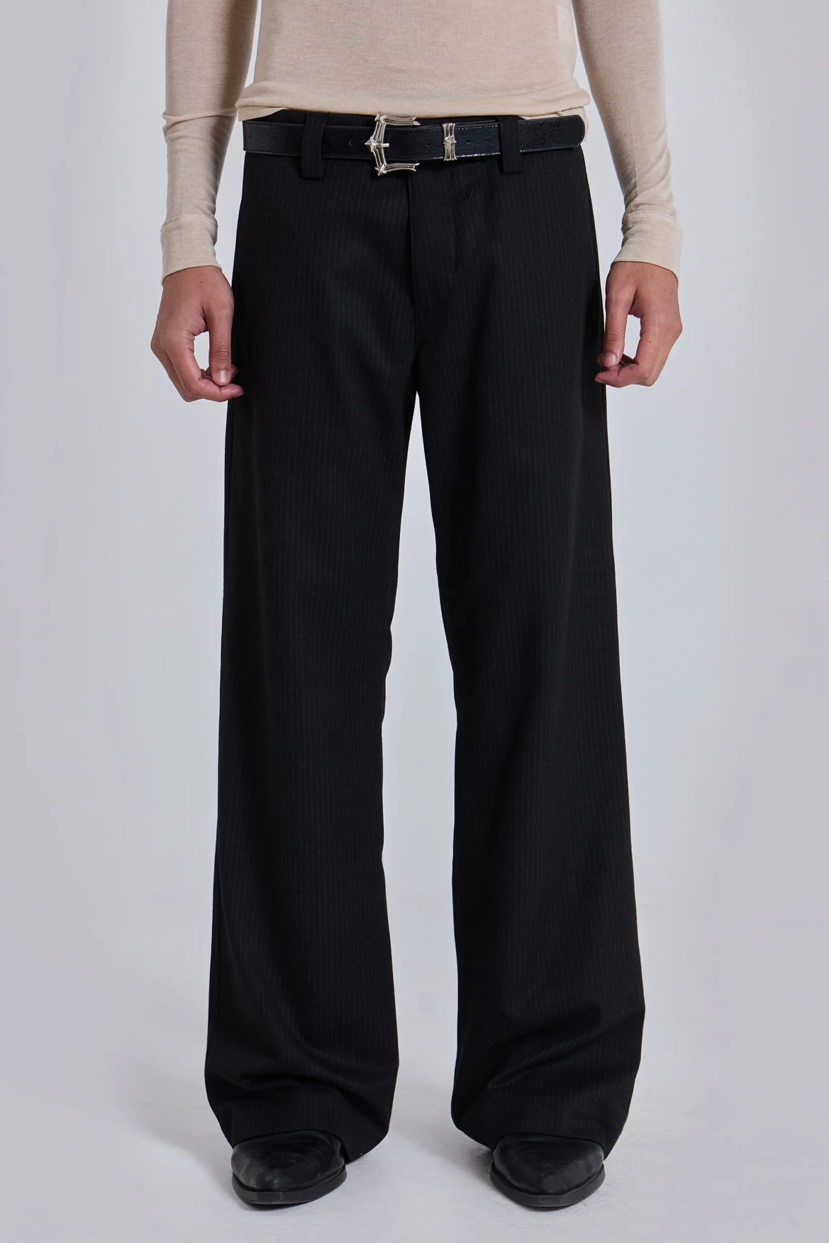 Black Pinstripe Stacked Straight Suit Pants
