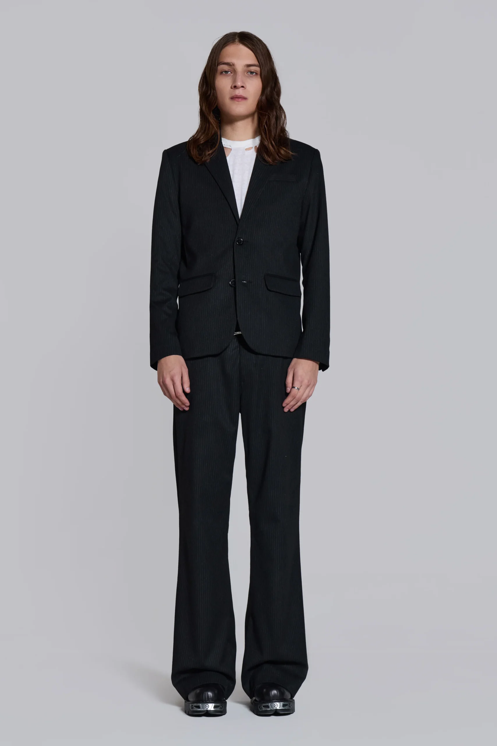 Black Pinstripe Stacked Straight Suit Pants