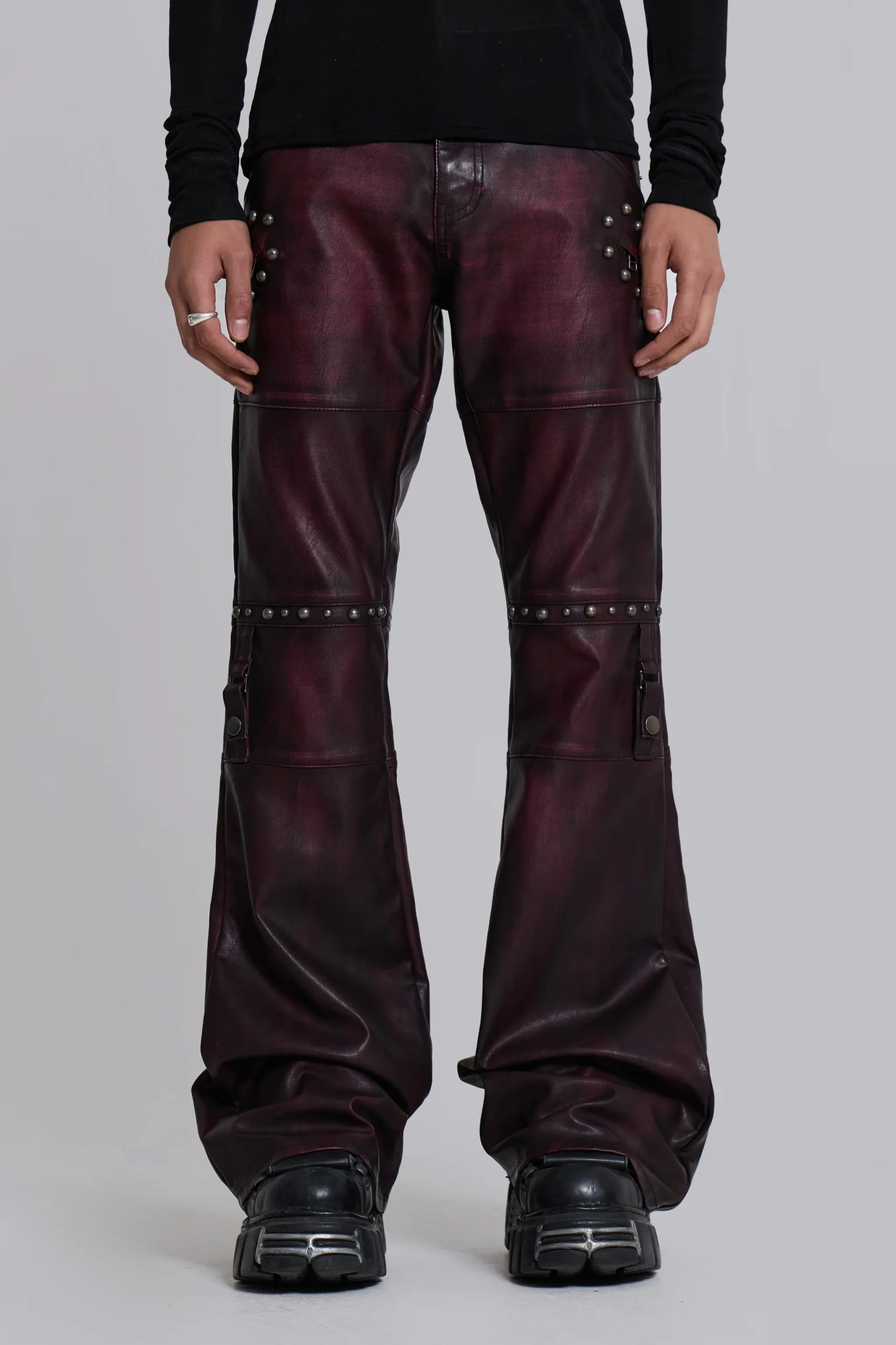 5467-burgundy-studded-faux-leather-drift-bootcut-trousers-1.webp Burgundy Studded Faux Leather Drift Bootcut Trousers