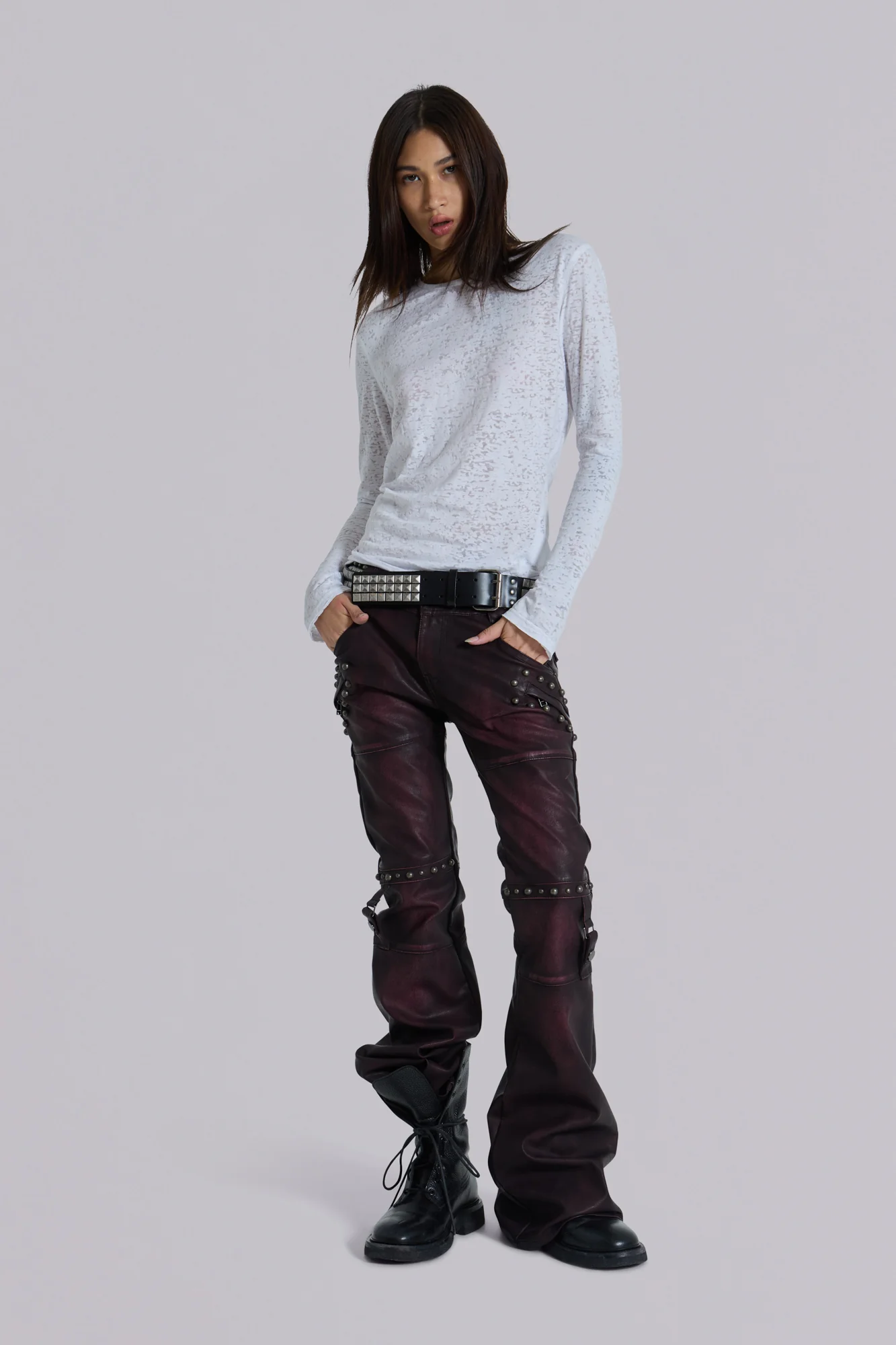 5475-burgundy-studded-faux-leather-drift-trousers-2.webp Burgundy Studded Faux Leather Drift Trousers