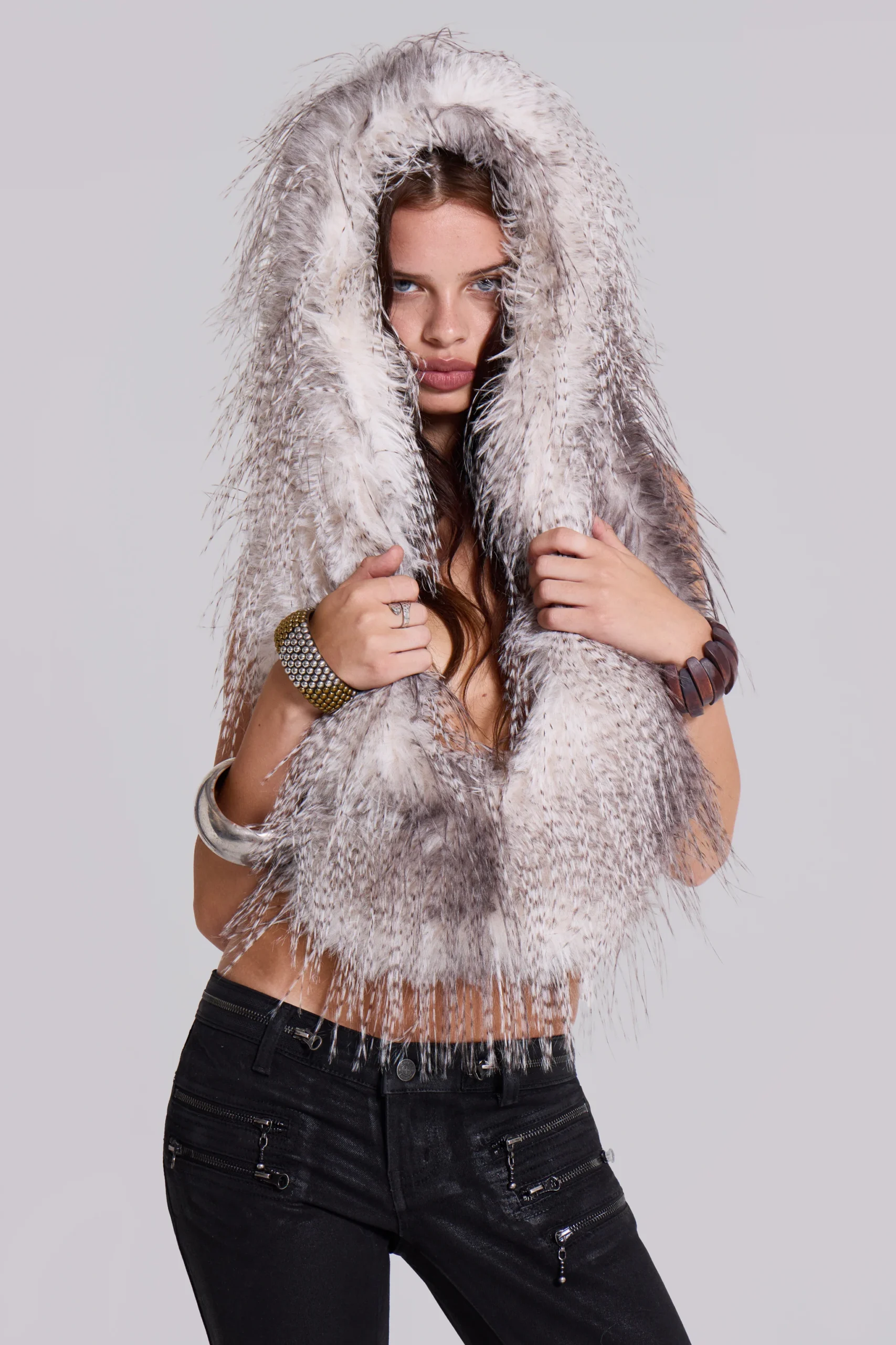 Haka Faux Feather Fur Backless Top