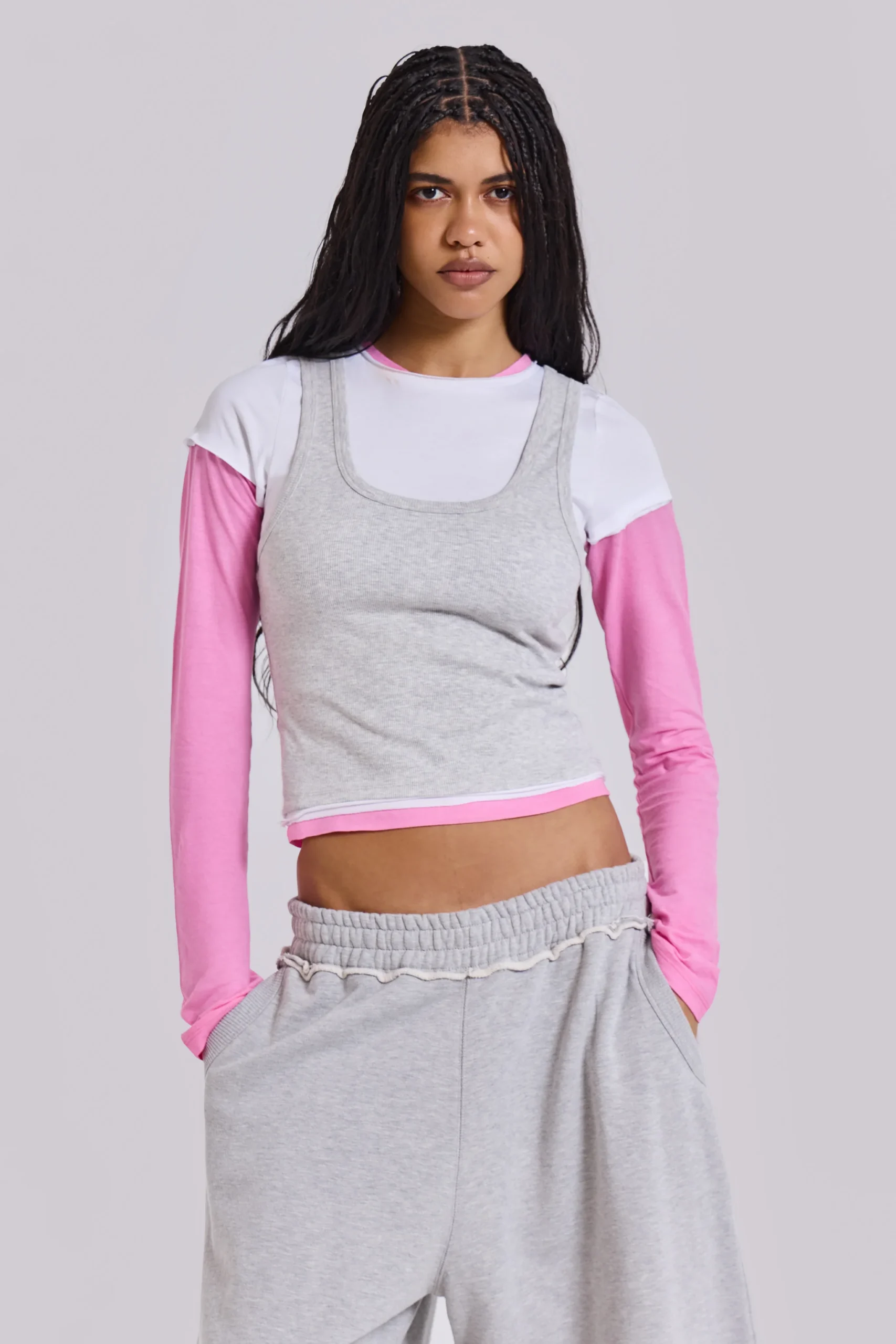 Lexie Triple Layer Long Sleeve Top in Grey Marl