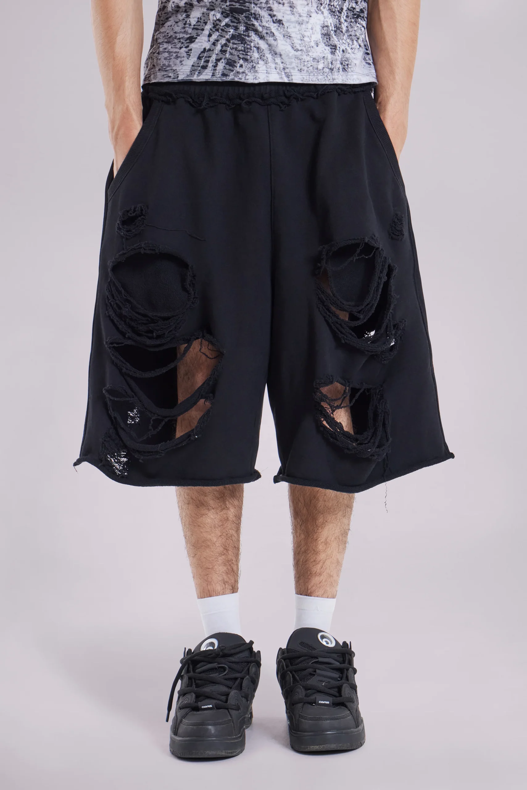 6081-black-distressed-monster-shorts-1.webp Black Distressed Monster Shorts