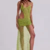 Stellar Asymmetric Hand Beaded Maxi Dress in Lime