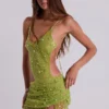 Stellar Asymmetric Hand Beaded Maxi Dress in Lime