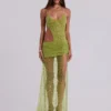 Stellar Asymmetric Hand Beaded Maxi Dress in Lime