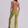Stellar Asymmetric Hand Beaded Maxi Dress in Lime