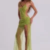 Stellar Asymmetric Hand Beaded Maxi Dress in Lime