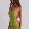Stellar Asymmetric Hand Beaded Maxi Dress in Lime