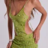 Stellar Asymmetric Hand Beaded Maxi Dress in Lime